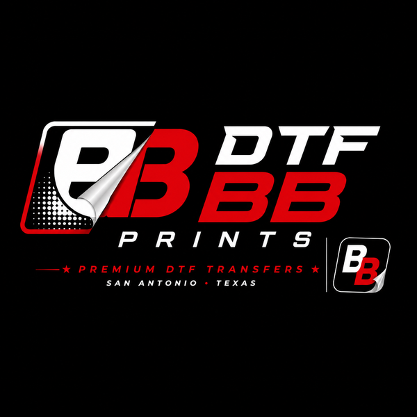 Logo of BB DTF Prints with red, white, and black colors on a black background